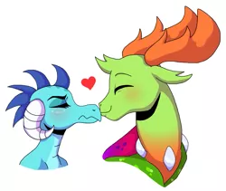 Size: 869x733 | Tagged: safe, artist:ruskio, derpibooru import, princess ember, thorax, changedling, changeling, blushing, dragon lord ember, embrax, eyes closed, female, heart, interspecies, king thorax, male, nuzzling, shipping, simple background, smiling, straight, tsundember, tsundere