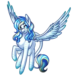 Size: 1024x1069 | Tagged: safe, artist:amazing-artsong, artist:micky-ann, artist:theanthropony, derpibooru import, oc, unofficial characters only, alicorn, pony, alicorn oc, blue eyes, blue mane, collaboration, simple background, smiling, solo, transparent background, white coat