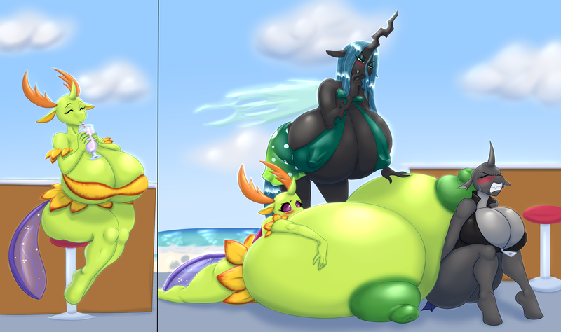 Size: 3882x2300 | Tagged: questionable, alternate version, artist:blues64, artist:marauder6272, derpibooru import, queen chrysalis, thorax, oc, oc:sinyxstra, anthro, changedling, changeling, unguligrade anthro, series:the snack shack, areola, big areola, big breasts, bikini, breast expansion, breasts, busty queen chrysalis, busty queen mesosoma, busty thorax, changeling oc, clothes, growth, huge breasts, impossibly large breasts, king thorax, mesosoma, milkshake, nipples, nudity, puffy areolas, queen mesosoma, rule 63, swimsuit, thinking