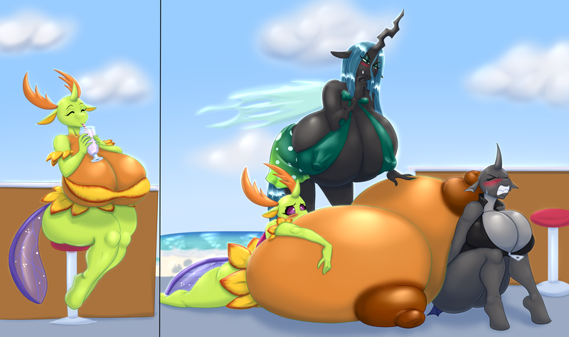 Size: 3882x2300 | Tagged: questionable, artist:blues64, artist:marauder6272, derpibooru import, queen chrysalis, thorax, oc, oc:sinyxstra, anthro, changedling, changeling, unguligrade anthro, series:the snack shack, areola, big breasts, bikini, breast expansion, breasts, busty queen chrysalis, busty queen mesosoma, busty thorax, changeling oc, clothes, growth, huge breasts, impossibly large breasts, king thorax, mesosoma, milkshake, nipples, nudity, puffy areolas, queen mesosoma, rule 63, swimsuit, thinking