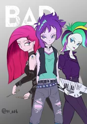 Size: 2893x4092 | Tagged: safe, artist:oberon826, derpibooru import, pinkie pie, rarity, starlight glimmer, equestria girls, alternate hairstyle, clothes, drumsticks, female, jacket, jeans, keytar, leather jacket, musical instrument, pants, punk, raripunk, ripped jeans, tongue out, trio