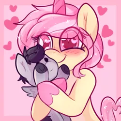 Size: 400x400 | Tagged: safe, artist:nerdfangz, derpibooru import, oc, unofficial characters only, pegasus, pony, unicorn, cute, heart eyes, ocbetes, plushie, smiling, snuggling, squishy, wingding eyes
