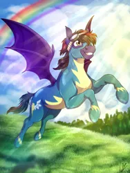 Size: 3000x4000 | Tagged: safe, artist:lupiarts, derpibooru import, oc, oc:noctis fructosi junior, unofficial characters only, bat pony, bat pony oc, clothes, commission, crepuscular rays, flying, goggles, grass field, rainbow, scenery, solo, tree, uniform, wonderbolts uniform