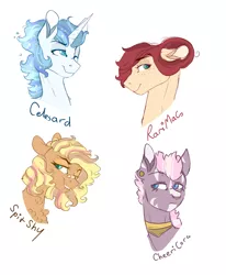 Size: 1024x1244 | Tagged: safe, artist:anyatrix, derpibooru import, oc, unofficial characters only, earth pony, hybrid, pony, unicorn, zony, bust, female, interspecies offspring, magical lesbian spawn, male, mare, offspring, one eye closed, parent:big macintosh, parent:cheerilee, parent:fluttershy, parent:princess celestia, parent:rarity, parent:royal guard, parent:spitfire, parent:zecora, parents:guardlestia, parents:rarimac, parents:spitshy, portrait, simple background, stallion, white background, wink