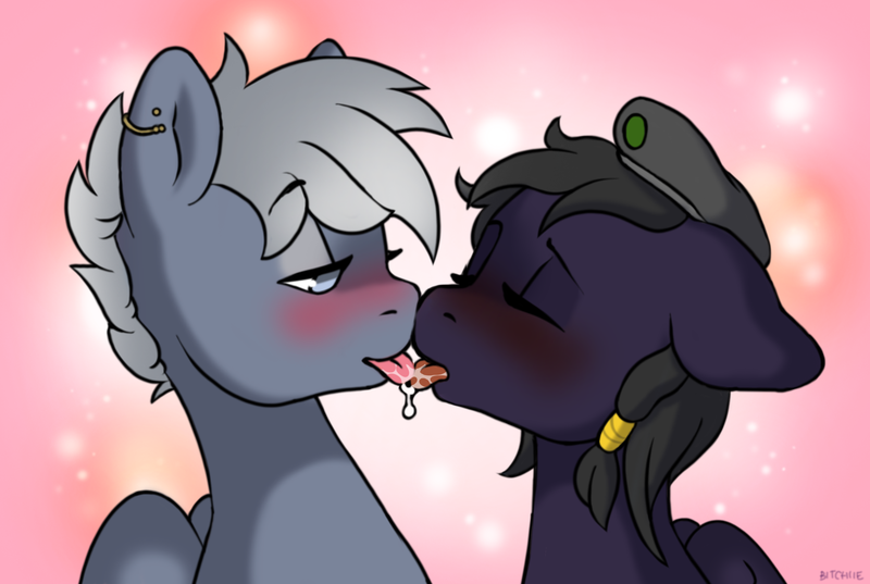 Size: 1850x1241 | Tagged: questionable, artist:bitchiie, derpibooru import, oc, oc:artemis, oc:mir, unofficial characters only, hippogriff, pegasus, pony, beret, blushing, drool, drool string, ear piercing, earring, female, females only, hat, incest, jewelry, kissing, making out, mother and daughter, piercing, size difference, ych result