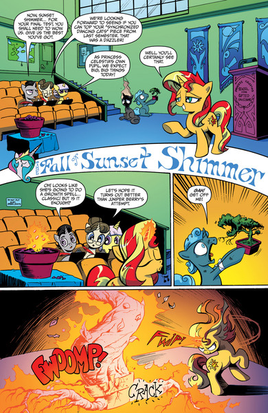 Size: 1073x1650 | Tagged: safe, derpibooru import, idw, juniper berry, sunset shimmer, pony, unicorn, spoiler:comic, spoiler:comicannual2013, advertisement, carnivorous plant, comic, female, idw advertisement, magic, male, mare, official comic, plant, plant magic, preview, princess celestia's school for gifted unicorns, speech bubble, stallion, whistling