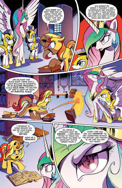 Size: 1073x1650 | Tagged: safe, derpibooru import, idw, princess celestia, sunset shimmer, pony, spoiler:comic, spoiler:comicannual2013, advertisement, book, idw advertisement, library, preview, royal guard