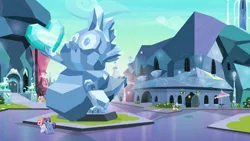 Size: 1280x720 | Tagged: suggestive, artist:monterrang, derpibooru import, edit, edited screencap, screencap, spike, crystal pony, pony, the parent map, background pony, city, crystal empire, crystal griffon, fat, fat edit, fat spike, funny, spike statue, statue, town square, wat