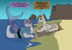 Size: 1631x1139 | Tagged: safe, artist:monterrang, derpibooru import, maud pie, mudbriar, hippogriff, seapony (g4), tumblr:ask fat maud pie, surf and/or turf, beach, dialogue, fat, female, hippogriffied, male, maud pudge, maudbriar, ocean, pun, seaponified, shipping, species swap, straight, technically