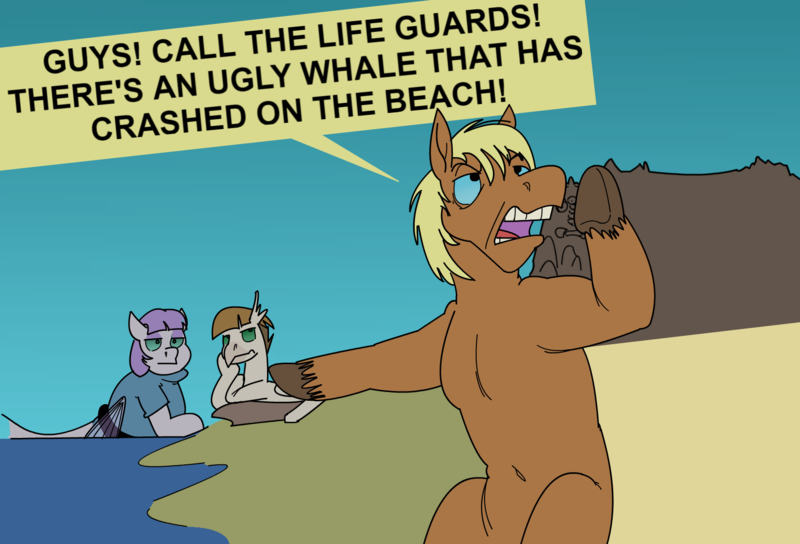 Size: 1636x1113 | Tagged: safe, artist:monterrang, derpibooru import, maud pie, mudbriar, oc, oc:hammer sledge, hippogriff, pony, seapony (g4), tumblr:ask fat maud pie, surf and/or turf, beach, blunt, dialogue, downvote bait, fat, fat shaming, female, hippogriffied, male, maud pudge, maudbriar, ocean, seaponified, shipping, species swap, straight, this will end in pain, this will not end well