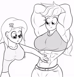Size: 854x890 | Tagged: abs, applejack, applejacked, armpits, artist:matchstickman, belt, biceps, breasts, busty applejack, busty fluttershy, clothes, derpibooru import, duo, female, fluttershy, human, humanized, monochrome, muscles, muscular female, pants, safe, shirt, simple background, touching, white background