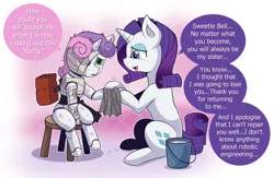 Size: 1194x780 | Tagged: safe, artist:vavacung, derpibooru import, rarity, sweetie belle, pony, robot, robot pony, unicorn, aftermath, cute, damaged, destabilize, feels, female, heartwarming, sweetie bot, weapon, weapons-grade cute