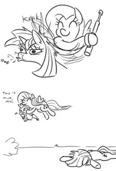 Size: 552x817 | Tagged: semi-grimdark, artist:jargon scott, derpibooru import, fluttershy, spike, twilight sparkle, dragon, pegasus, pony, unicorn, friendship is magic, season 1, abuse, baton, comic, excited, female, fluttershy steals animals, i'm okay with this, kidnapped, knocked out, male, monochrome, nightstick, this did not end well, this ended in pain, this will not end well, twilybuse, unconscious, violence