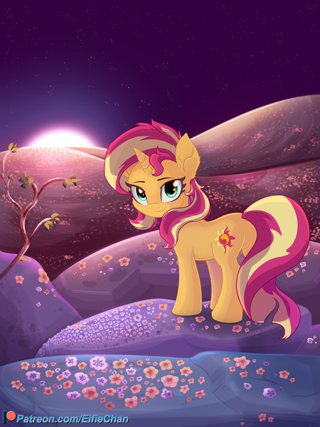 Size: 3000x4000 | Tagged: safe, artist:katakiuchi4u, derpibooru import, sunset shimmer, pony, unicorn, cute, female, flower, hill, looking at you, mare, patreon, patreon logo, scenery, smiling, solo, sweet dreams fuel