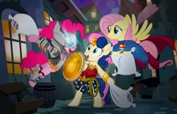 Size: 1000x647 | Tagged: safe, artist:pixelkitties, derpibooru import, bon bon, fluttershy, pinkie pie, sweetie drops, earth pony, pegasus, pony, amused, batman, batmare, bon bon is amused, cape, clothes, costume, crossover, cute, dc comics, diapinkes, female, flying, justice league, lasso, lasso of truth, mare, open mouth, pillow, pillow fight, rope, shield, shyabetes, smiling, superman, supermare, trio, wonder woman