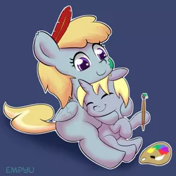 Size: 1000x1000 | Tagged: safe, artist:empyu, derpibooru import, chirpy hooves, dipsy hooves, pegasus, pony, unicorn, awww, brother and sister, chirpabetes, colt, cuddling, cute, feather, female, filly, hug, male, paintbrush, quill, smiling