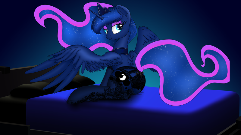 Size: 5760x3240 | Tagged: suggestive, artist:lunarequestrianoriginal64, artist:raps, derpibooru import, princess luna, alicorn, pony, 4k, clothes, color porn, female, garter belt, lingerie, mare, panties, recolor, sexy, solo, stockings, thigh highs, underwear, wallpaper