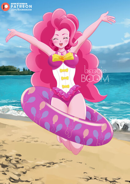 Size: 900x1273 | Tagged: safe, artist:tittoons, derpibooru import, pinkie pie, equestria girls, equestria girls series, forgotten friendship, anime style, beach, breasts, busty pinkie pie, clothes, eyes closed, female, inflatable, inner tube, ocean, one-piece swimsuit, open mouth, pool toy, sand, solo, swimsuit, watermark