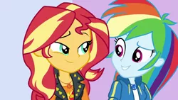 Size: 1920x1080 | Tagged: safe, derpibooru import, screencap, rainbow dash, sunset shimmer, a fine line, equestria girls, equestria girls series, geode of empathy, geode of super speed, looking at each other, magical geodes