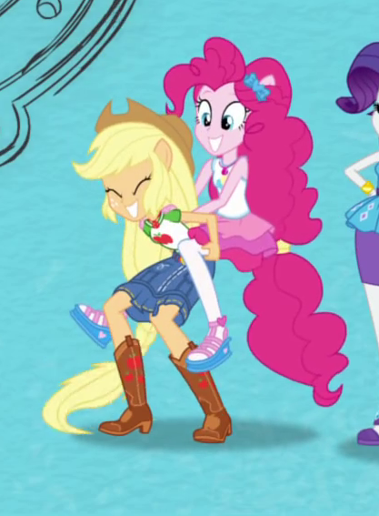 Size: 417x567 | Tagged: safe, derpibooru import, screencap, applejack, pinkie pie, equestria girls, equestria girls series, boots, clothes, cowboy boots, cowboy hat, cropped, cute, denim skirt, eyes closed, female, hat, humans riding humans, intro, leapfrog, pantyhose, piggyback ride, ponied up, pony ears, shoes, skirt, stetson