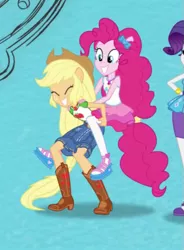 Size: 417x567 | Tagged: safe, derpibooru import, screencap, applejack, pinkie pie, equestria girls, equestria girls series, boots, clothes, cowboy boots, cowboy hat, cropped, cute, denim skirt, eyes closed, female, hat, humans riding humans, intro, leapfrog, pantyhose, piggyback ride, ponied up, pony ears, shoes, skirt, stetson