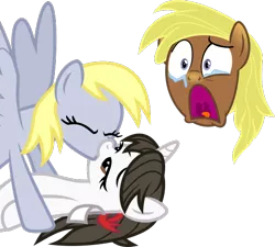 Size: 528x476 | Tagged: safe, artist:lucefudu, derpibooru import, derpy hooves, raven, pegasus, pony, unicorn, .svg available, crying, derpaven, female, kissing, lesbian, shipping, shipping denied, simple background, spread wings, svg, transparent background, vector, wingboner, wings