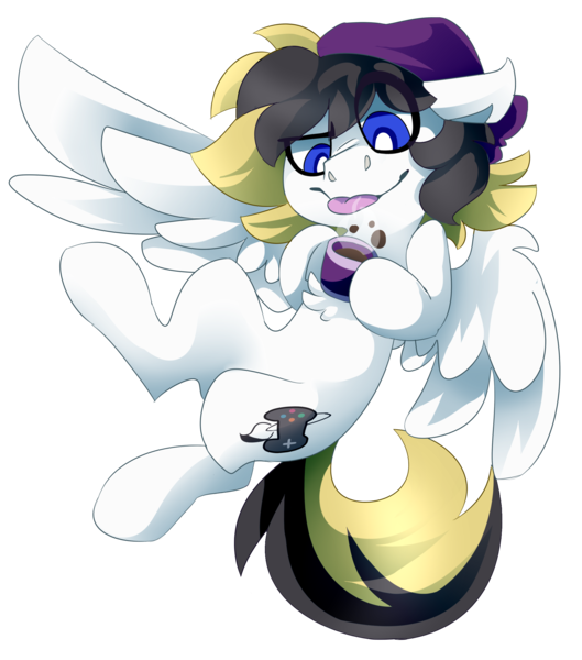 Size: 2117x2400 | Tagged: safe, artist:nekosnicker, derpibooru import, oc, oc:rory gigabyte, unofficial characters only, pegasus, pony, :p, beanie, coffee, flying, hat, male, silly, simple background, solo, tongue out, transparent background