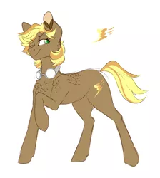 Size: 1024x1142 | Tagged: safe, artist:anyatrix, derpibooru import, oc, oc:whiplash, earth pony, pony, female, goggles, magical gay spawn, mare, offspring, one eye closed, parent:braeburn, parent:soarin', parents:soarburn, simple background, solo, white background, wink