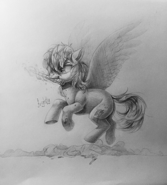 Size: 1158x1280 | Tagged: grimdark, artist:theorderofalisikus, derpibooru import, rainbow dash, pony, blood, horn, magic, monochrome, murder, traditional art