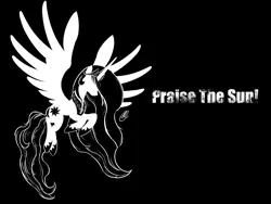 Size: 2400x1800 | Tagged: safe, artist:ppdraw, derpibooru import, princess celestia, alicorn, pony, black and white, female, flying, grayscale, jewelry, mare, monochrome, praise the sun, regalia, silhouette, solo, wallpaper