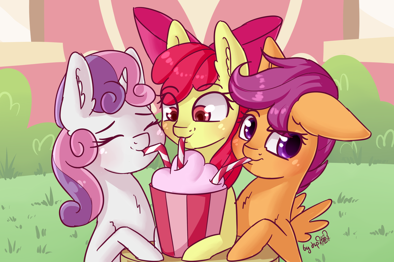 Size: 2304x1536 | Tagged: safe, artist:dsp2003, derpibooru import, apple bloom, scootaloo, sweetie belle, earth pony, pegasus, pony, unicorn, 30 minute art challenge, blushing, cutie mark crusaders, drinking straw, female, filly, loss (meme), milkshake, sharing a drink, signature, strawberry milkshake