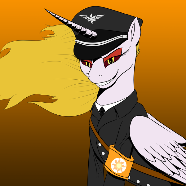 Size: 5000x5000 | Tagged: absurd resolution, alicorn, alternate costumes, alternate timeline, alternate universe, alternate version, armband, artist:phantomis000, badass, celestia armband, clothes, crossover, daybreaker, derpibooru import, dictator, evil, evil celestia, evil grin, fascist, fascistic, fascist symbol, female, fire, gray, grin, military, military pony, military uniform, nazi armband, nazipone, necktie, pinup, sash, semi-grimdark, smiling, smug, solo, suit, totalitarian, tyrant celestia, wallpaper, war