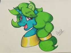 Size: 4032x3024 | Tagged: safe, artist:polar puff, derpibooru import, oc, oc:wishy washy, unicorn, bust, colored pencil drawing, jewelry, portrait, prismacolors, traditional art