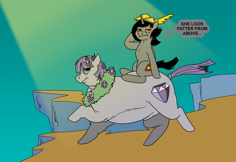 Size: 1640x1128 | Tagged: safe, artist:monterrang, derpibooru import, maud pie, oc, oc:affetta, pony, tumblr:ask fat maud pie, brunhilde, fat, looney tunes, majestic as fuck, maud pudge, ponies riding ponies, riding, running, sunlight, thought bubble, valkyrie, what's opera doc, wreath, wrong cutie mark