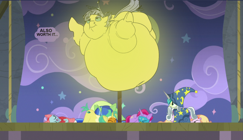 Size: 1663x959 | Tagged: questionable, artist:monterrang, derpibooru import, edit, edited screencap, screencap, gallus, maud pie, ocellus, sandbar, silverstream, smolder, yona, changedling, changeling, classical hippogriff, dragon, earth pony, gryphon, hippogriff, pony, yak, tumblr:ask fat maud pie, horse play, bodypaint, clothes, costume, dialogue, dragoness, fake beard, fake ears, fake horn, fat, female, glow, hat, horn, horseshoes, jewelry, majestic as fuck, male, mare, maud pudge, morbidly obese, obese, star swirl the bearded costume, student six, teenager, theater, wig, wings, wizard hat