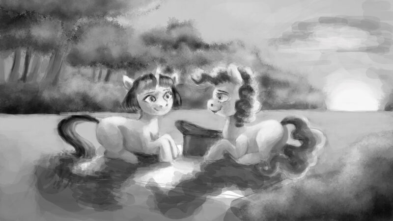 Size: 3384x1909 | Tagged: safe, artist:misstwipietwins, derpibooru import, pinkie pie, twilight sparkle, pony, female, lesbian, looking at each other, missing cutie mark, monochrome, picnic, prone, scenery, shipping, smiling, twinkie