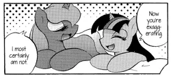 Size: 775x358 | Tagged: safe, artist:aoi takayuki, derpibooru import, edit, princess luna, twilight sparkle, alicorn, pony, cropped, doujin, explicit source, eyes closed, monochrome, pony love 2, reaction image, smiling, translation