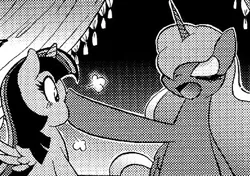 Size: 455x320 | Tagged: safe, artist:aoi takayuki, derpibooru import, princess luna, twilight sparkle, twilight sparkle (alicorn), alicorn, pony, annoyed, boop, cropped, doujin, explicit source, eyes closed, female, lesbian, mare, monochrome, pony love 2, shipping, translation, twiluna