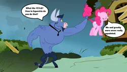 Size: 1280x720 | Tagged: safe, derpibooru import, edit, edited screencap, screencap, iron will, pinkie pie, minotaur, putting your hoof down, season 2, bipedal, cartoon physics, censored vulgarity, confused, eyes closed, fluttershy's cottage, grawlixes, image, in which pinkie pie forgets how to gravity, necktie, nose piercing, nose ring, piercing, pinkie being pinkie, pinkie physics, png, shocked, speech bubble, tail, tail pull, text