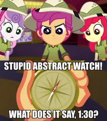 Size: 800x900 | Tagged: safe, derpibooru import, edit, edited screencap, screencap, apple bloom, scootaloo, sweetie belle, eqg summertime shorts, equestria girls, the canterlot movie club, compass, cutie mark crusaders, epic fail, fail, funny, hilarious, image macro, meme, silly, too dumb to live
