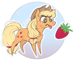 Size: 1074x874 | Tagged: safe, artist:dino_horse, deleted from derpibooru, derpibooru import, applejack, angry, food, simple background, solo, strawberry, that pony sure does hate strawberries, tongue out, transparent background