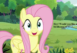 Size: 1024x704 | Tagged: bronybait, cropped, cute, derpibooru import, edit, edited screencap, fluttershy, fluttershy leans in, forest, looking at you, river, safe, screencap, shyabetes, smiling, text