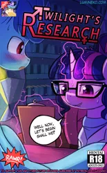 Size: 750x1211 | Tagged: suggestive, artist:lumineko, derpibooru import, sci-twi, twilight sparkle, oc, oc:techno blue, alicorn, pony, comic:twilight's research, blushing, clipboard, clothes, comic, cover, female, glasses, glowing horn, lab coat, magic, male, mare, open mouth, stallion, sweat, sweater, telekinesis, turtleneck