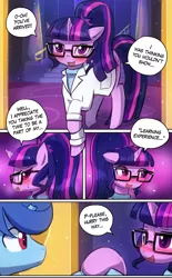 Size: 750x1211 | Tagged: suggestive, artist:lumineko, derpibooru import, sci-twi, twilight sparkle, oc, oc:techno blue, alicorn, pony, comic:twilight's research, blushing, broken horn, canon x oc, clothes, comic, cover, female, floppy ears, glasses, lab coat, looking at each other, male, mare, nervous, open mouth, stallion, straight, sweat, sweater, turtleneck