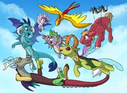 Size: 5262x3846 | Tagged: safe, artist:chub-wub, derpibooru import, big macintosh, discord, peewee, princess ember, princess flurry heart, spike, thorax, alicorn, changedling, changeling, draconequus, dragon, earth pony, phoenix, pony, female, filly, king thorax, male, minicords, stallion, winged spike