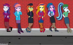 Size: 4000x2500 | Tagged: safe, artist:robukun, derpibooru import, adagio dazzle, aria blaze, rarity, sonata dusk, suri polomare, oc, oc:miss rary, oc:rougher, human, equestria girls, alleyway, beret, brick wall, cigarette, clothes, gangster, gutter, hanging out, hat, high heels, humanized, image, looking at each other, looking at someone, pantyhose, png, ponytail, pothole, serious, serious face, shoes, sidewalk, skirt, smiling, smirk, smoking, the dazzlings, thug, thug life