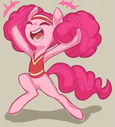 Size: 1177x1297 | Tagged: safe, artist:moonseeker, derpibooru import, pinkie pie, pony, bipedal, cheerleader, clothes, cute, diapinkes, eyes closed, female, headband, open mouth, pinktails pie, solo