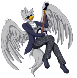 Size: 4981x5041 | Tagged: safe, artist:mscolorsplash, derpibooru import, oc, oc:silver streak, anthro, gryphon, absurd resolution, clothes, commission, commissioner:alkonium, cosplay, costume, doctor who, guitar, simple background, solo, sunglasses, transparent background, twelfth doctor