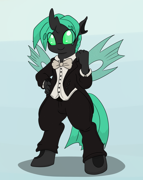 Size: 1000x1252 | Tagged: anthro, artist:dudey64, changeling, clothes, derpibooru import, fallout equestria, green changeling, oc, oc:speculo, safe, solo, tuxedo, unofficial characters only