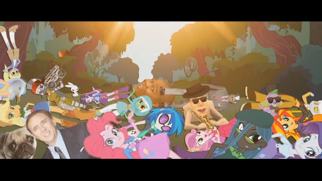 Size: 640x360 | Tagged: safe, artist:mrdeloop, derpibooru import, applejack, derpy hooves, discord, flash sentry, pinkie pie, rarity, spike, sunset shimmer, sweetie belle, twilight sparkle, vinyl scratch, oc, oc:appul, oc:jeffrey (eqg parody series), oc:mr barkles, equestria girls, alternate universe, brad, day of the flutter, eqg promo pose set, equestria girls-ified, equestria girls: the parody series, everfree forest